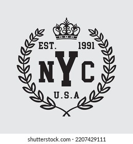 crown leaf vector college badge nyc u.s.a est design