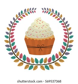crown of leaves with cupcake with cream and sparks