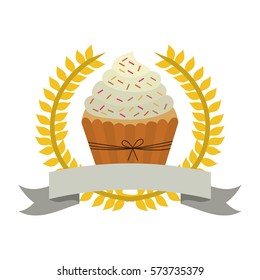 crown of leaves with cupcake with cream and sparks vector illustration