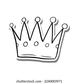Crown line art elements on white silhouette and gray shadow, hand-drawn graphics. Isolated on white background, Vector illustration. 