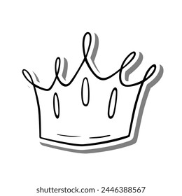 Crown line art elements on white silhouette and gray shadow, hand-drawn graphics. Isolated on white background, Vector illustration.