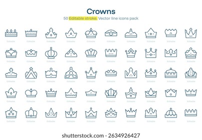 Crown line icon pack. Crown Stroke icon set. Editable Stroke icon