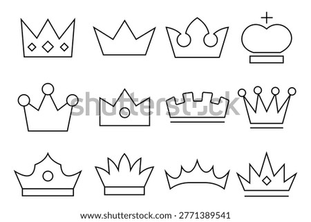 Crown line icon set. King, Princess crowns. Monarchy, leadership and achievement signs. Vector illustration.