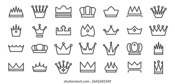 Crown line icons. Queen king crowns royal symbols, royalty luxury geometric crowns, success award and leadership concept. Vector simple heraldic outline set.