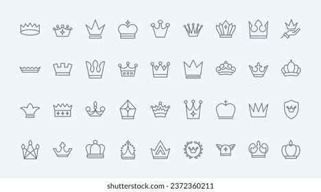 Crown line icons set vector illustration. Abstract thin outline luxury symbols of authority and royalty, simple royal tiaras of king or queen, chess badge crown, classic heraldic emblem on shield