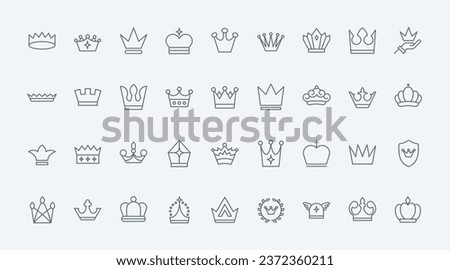 Crown line icons set vector illustration. Abstract thin outline luxury symbols of authority and royalty, simple royal tiaras of king or queen, chess badge crown, classic heraldic emblem on shield