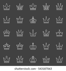 Crown line icons. Vector crown white concept signs on dark background 