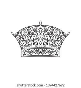 Crown. Linear black and white isolated vector icon with floral ornament in doodle style. Page for coloring. 