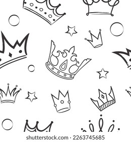 Crown linear seamless pattern. Repeating design element for printing on fabric. Medieval symbol of power and might, king and queen. Luxury and wealth, jewel. Cartoon flat vector illustration