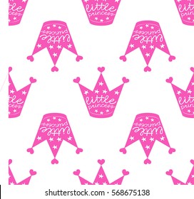 Crown little princess, vector, little princess labels for girls t-shirt design. Corona typography, fashion, textiles, hand-drawn illustration with crown and stars. Sketch background. Doodle design