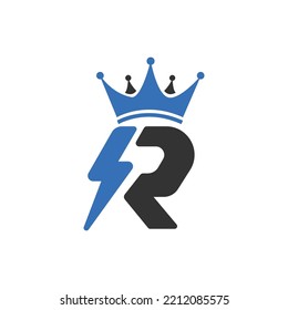 Crown logo design with letter R and  electricity symbol. Electricity crown logo design