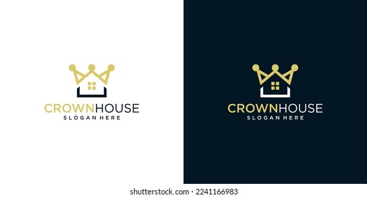 Kronlogo-Design-Vorlage mit Gebäudegrafik-Design-Illustration. Symbol, Symbol, kreativ.