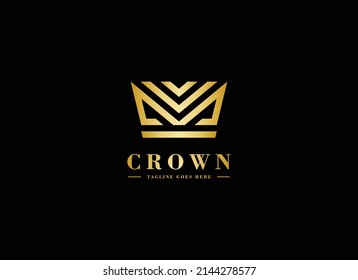 Crown Logo. Gold Geometric Linear Style isolated on Dark Background. Suitable for Technology, Business and Branding Logos. Flat Vector Design Template Element