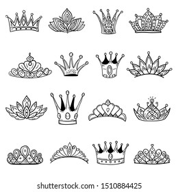 Crown logo graffiti hand drawn icon. Black elements isolated on white background. Hand drawn set of different crown and tiara for princess.Vector illustration