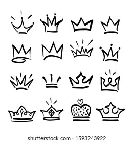 Crown logo graffiti hand drawn icon. Black elements isolated on white background. Hand drawn set of different crown and tiara for princess.Vector illustration.