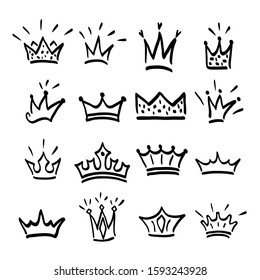 Crown logo graffiti hand drawn icon. Black elements isolated on white background. Hand drawn set of different crown and tiara for princess.Vector illustration.