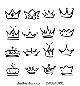 Crown logo graffiti hand drawn icon. Black elements isolated on white background. Hand drawn set of different crown and tiara for princess.Vector illustration.