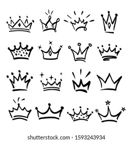 Crown logo graffiti hand drawn icon. Black elements isolated on white background. Hand drawn set of different crown and tiara for princess.Vector illustration.