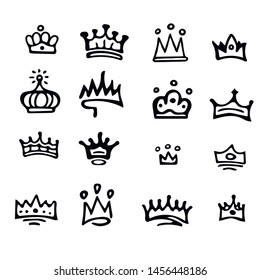 Crown logo graffiti icon. Black
hand-drawn crowns. elements for princesses isolated on white background.