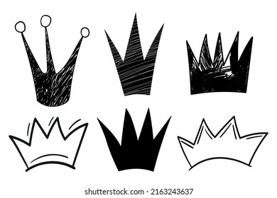 Crown logo graffiti icon  Black icon isolated white background  Doodle vector illustration  Queen royal princess symbol  Outline design for drawing greeting cards  promotional items for girl women 