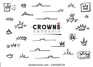 Crown logo graffiti icon emphasis. Black line elements isolated on white background. Vector illustration