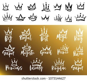 Crown logo graffiti icon. Queen, king, royal, princess, prince, super, grand, best, kingdom, magestic, mega text. Elements isolated on white and gold background. Vector illustration. 