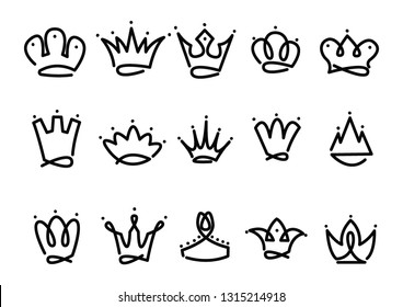 Crown logo hand drawn icon. Black doodle elements isolated on white background. Vector illustration.