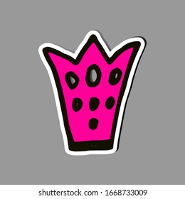 Crown logo icon. Pink icon isolated on grey background. Doodle vector illustration. Queen royal princess symbol. Promotional items for girls, womens. Cartoon style.
