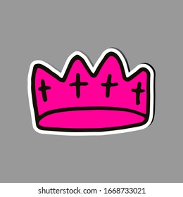 Crown logo icon. Pink icon isolated on grey background. Doodle vector illustration. Queen royal princess symbol. Promotional items for girls, womens. Cartoon style.