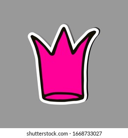 Crown logo icon. Pink icon isolated on grey background. Doodle vector illustration. Queen royal princess symbol. Promotional items for girls, womens. Cartoon style.