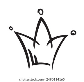 Crown logo line icon. Black elements isolated on white background.  Hand drawn graffiti royal crown. Vector illustration. Isolated on white background. 