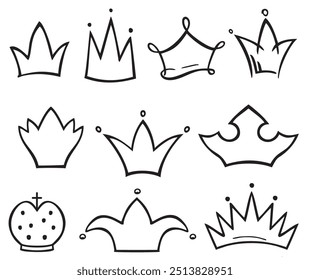 Crown logo line icon set. Black elements isolated on white background.  Hand drawn graffiti royal crown. Vector illustration. Isolated on white background. 