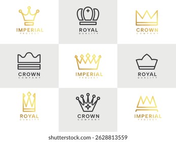 Logotipo da coroa. Logotipo de luxo real premium com rainha rei coroa símbolos de linha, vintage elegante geométrica ouro e preto contorno rainhas coroa ícones. Conjunto isolado do vetor.