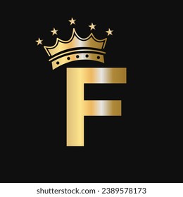 Crown Logo On Letter F With Star Icon. Luxury Symbol Vector Template