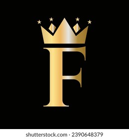 Logo de la corona en la letra F con el icono de la estrella. Plantilla de símbolo de la corona