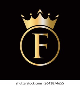 Crown Logo On Letter F Concept With Crown Icon Vector Template For Beauty, Jewelry, Fashion, Elegant Symbol