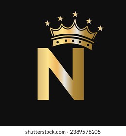 Crown Logo On Letter N With Star Icon. Luxury Symbol Vector Template