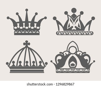 Crown logo of royal diadem or heraldic tiara symbol. Vector queen or king crowns set with ornate ornament pattern