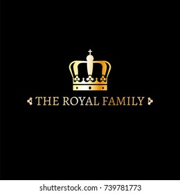 Crown logo template. Vector illustration in golden color isolated on a dark purple background useful for king monogram, boutique brand concept, real estate, property, royal family logotype design.