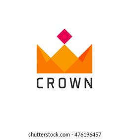 Crown logo vector isolated on white background, flat abstract geometric golden royal crown with purple jewel, creative trendy brand design