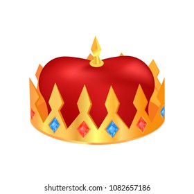 Crown made of gold poster, banner with symbolic image, of monarchy and king hat, with diamonds and brilliants, vector illustration isolated on white