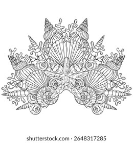 Crown made of sea shells and starfish.Coloring book antistress for children and adults. Illustration isolated on white background. Hand draw