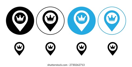 Crown Map Pin Icon Set. Royal Location, VIP Place and Premium Marker Symbol Vector Collection.

