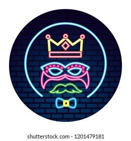 crown mask mustache bowtie neon brick wall label