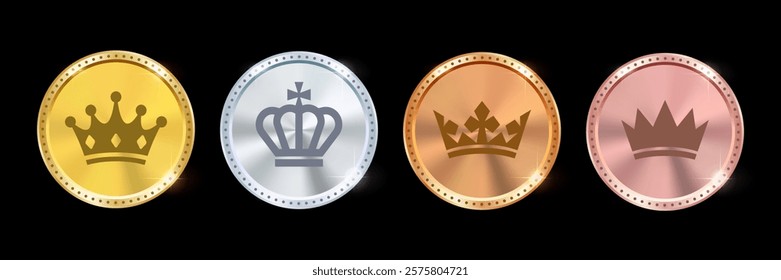 Crown Medal Set: Gold, Silver, Copper, Bronze, and Rose Gold Award Symbols. Medal Collection for Winners, Quality Certificates, and Prize Rewards. Vector.