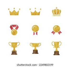 Crown, medal, trophy watercolor icon.