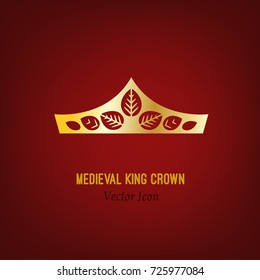 The crown of the medieval king. Beautiful vector illustration in gold colour isolated on a deep red background. Flat icon concept.