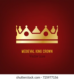 The crown of the medieval king. Beautiful vector illustration in gold colour isolated on a deep red background. Flat icon concept.