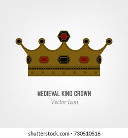 The crown of the medieval king. Beautiful vector illustration in red, bronze and black colours isolated on a light background. Flat icon concept.