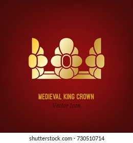 The crown of the medieval king. Beautiful vector illustration in gold colour isolated on a deep red background. Flat icon concept.